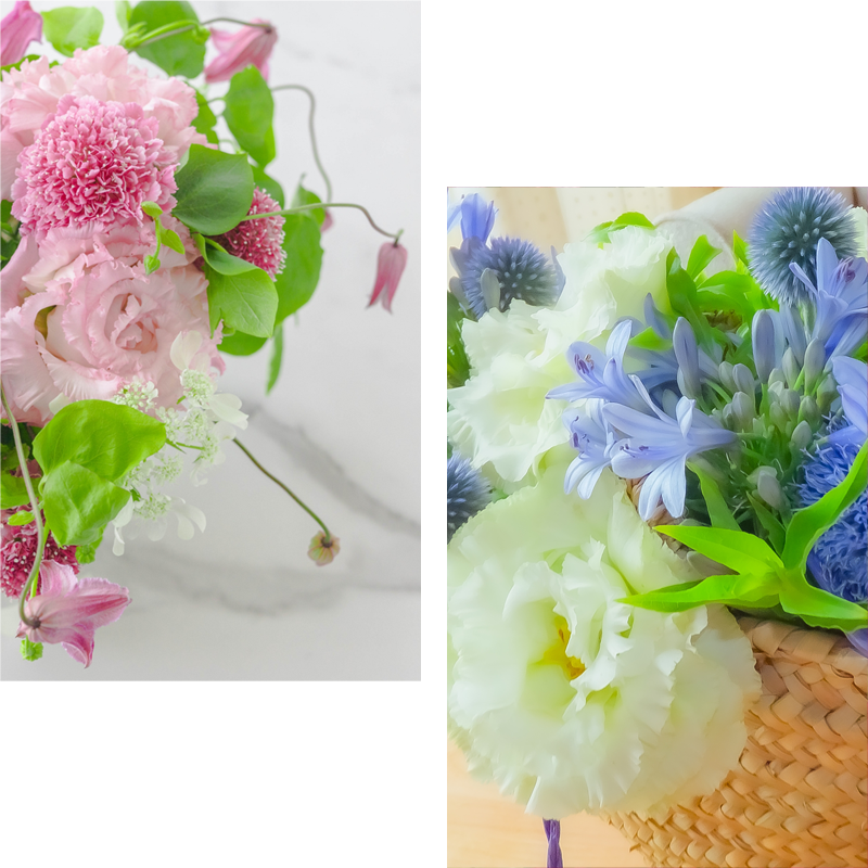ピンクと青の花のブーケ